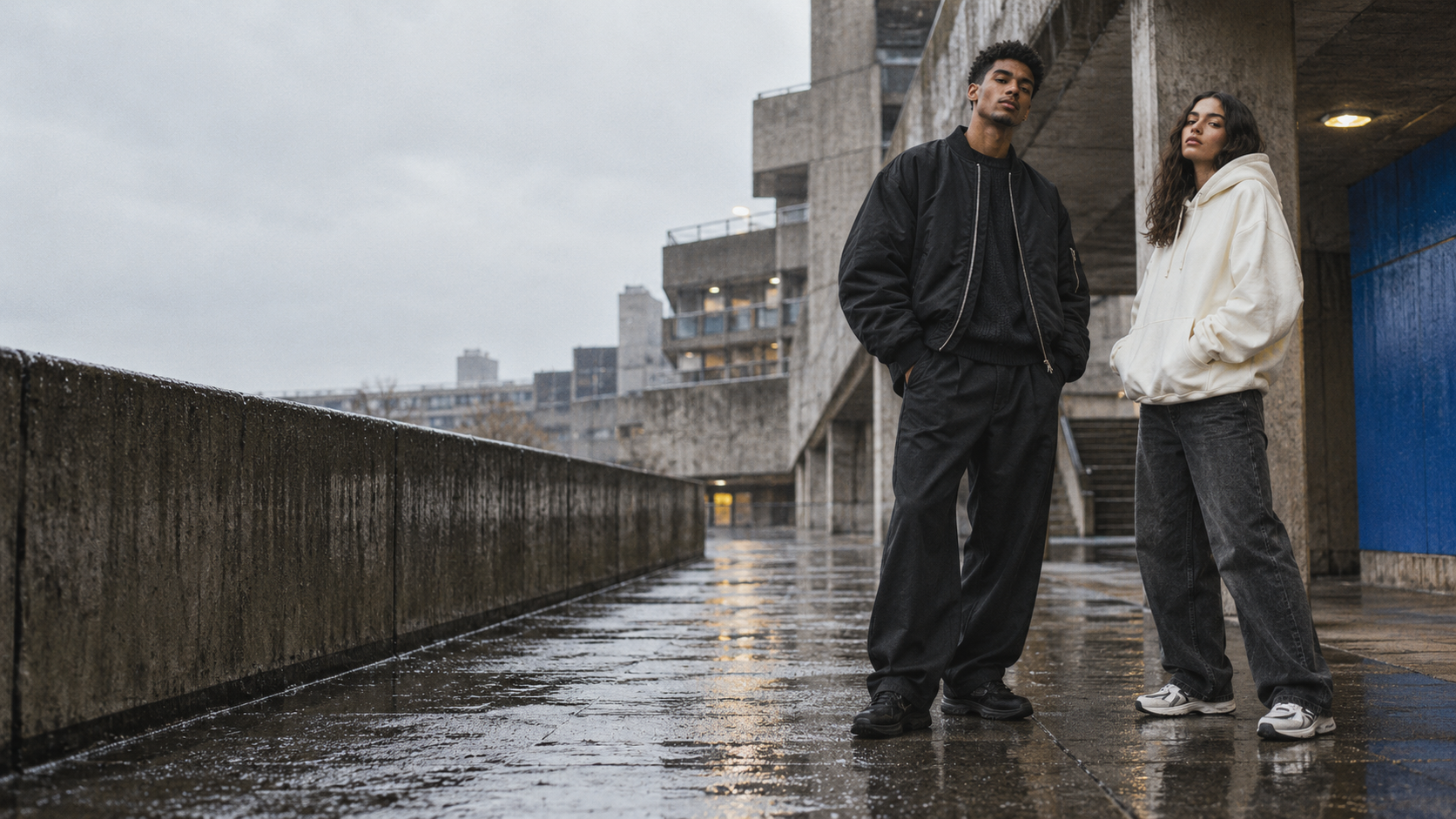 Two adult models wearing understated streetwear on a London concrete walkway